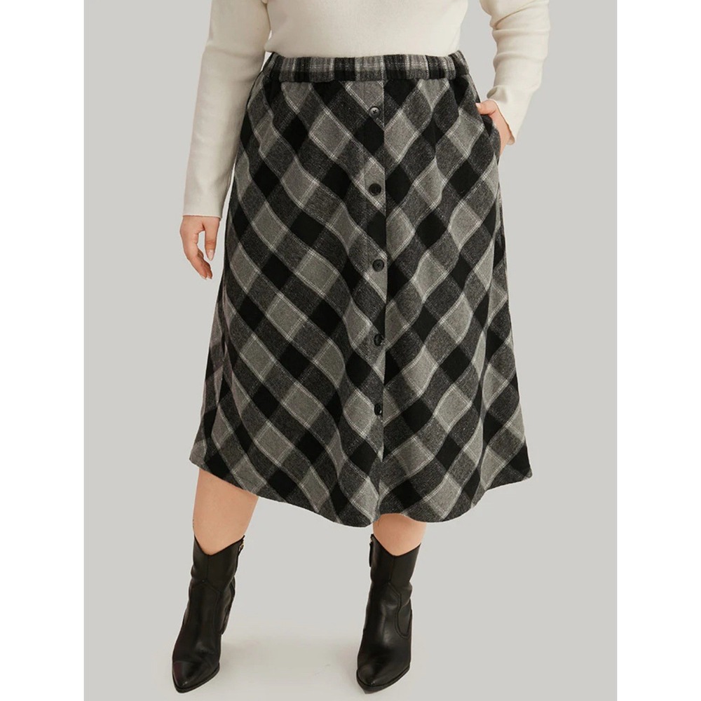 BloomChic Black and Gray Plaid Midi Skirt